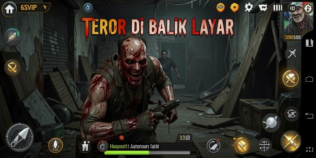 Screenshot 6SVIP menampilkan momen menyeramkan dengan suasana gelap dan mencekam.