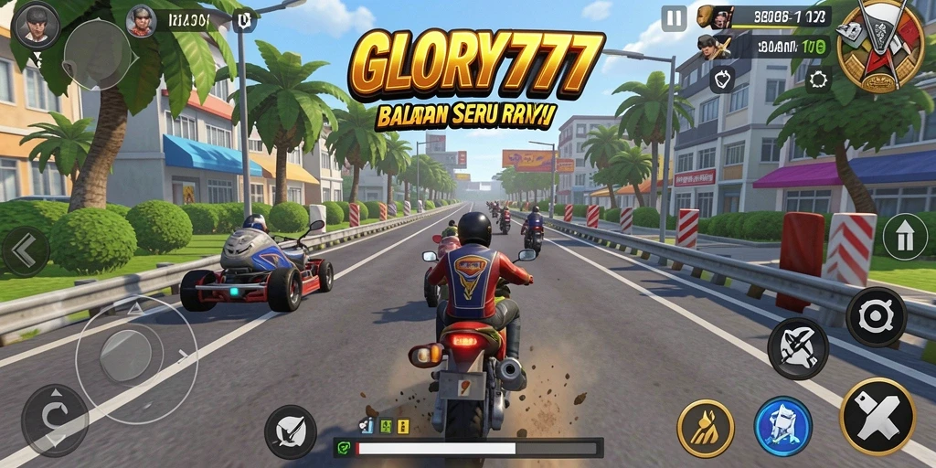 Screenshot gameplay GLORY777 menampilkan balapan seru di trek yang menantang.