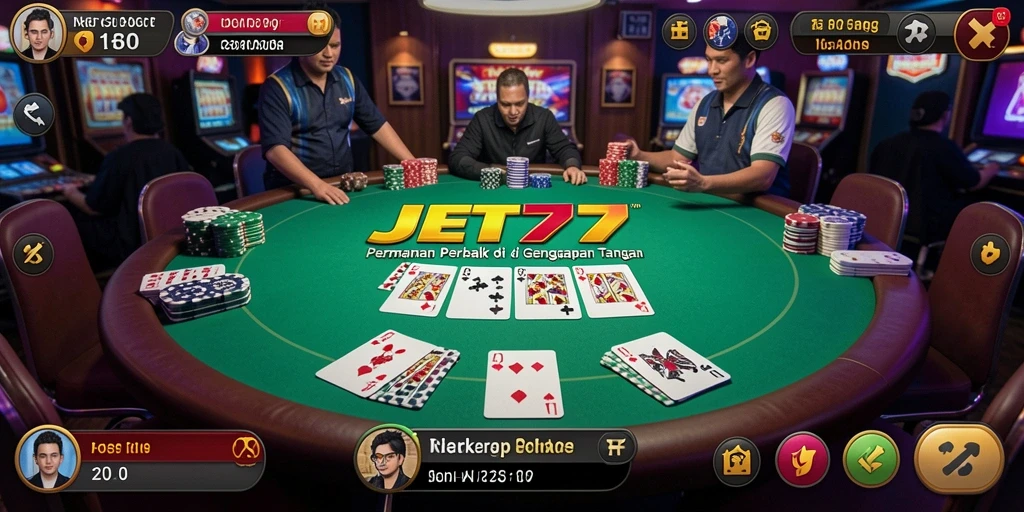 Tangkapan layar gameplay JET77 menunjukkan aksi poker yang mendebarkan.