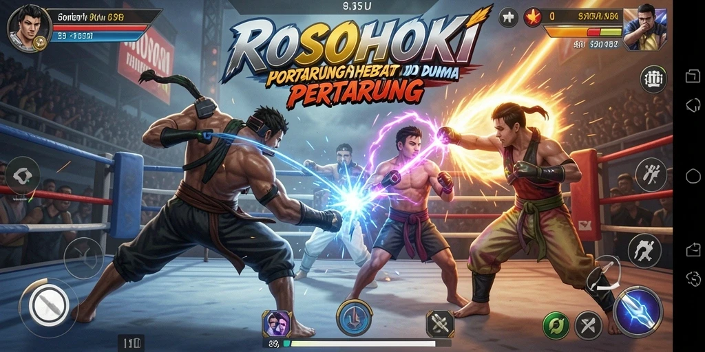 Screenshot gameplay ROSOHOKI menunjukkan aksi pertarungan yang intens dan karakter yang menakjubkan.